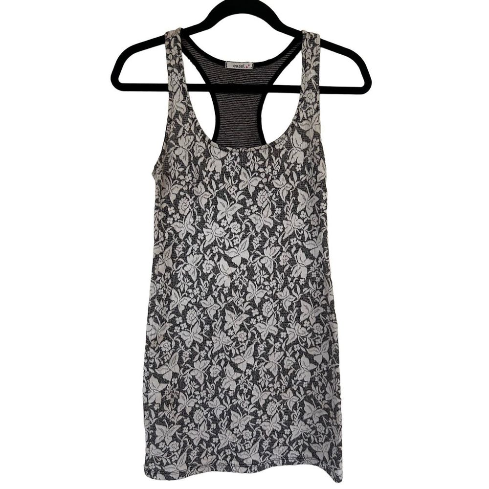GRAY BUTTERFLY FLORAL KNIT RACERBACK #TUNIC #TANK TOP. Size #Small.